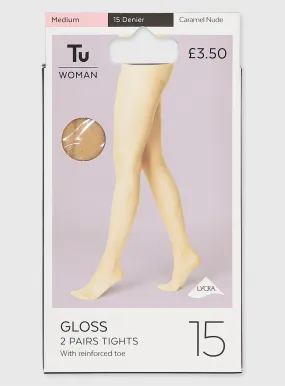 Buy Caramel Nude 15 Denier Gloss Tights 2 Pack L | Tights | Tu