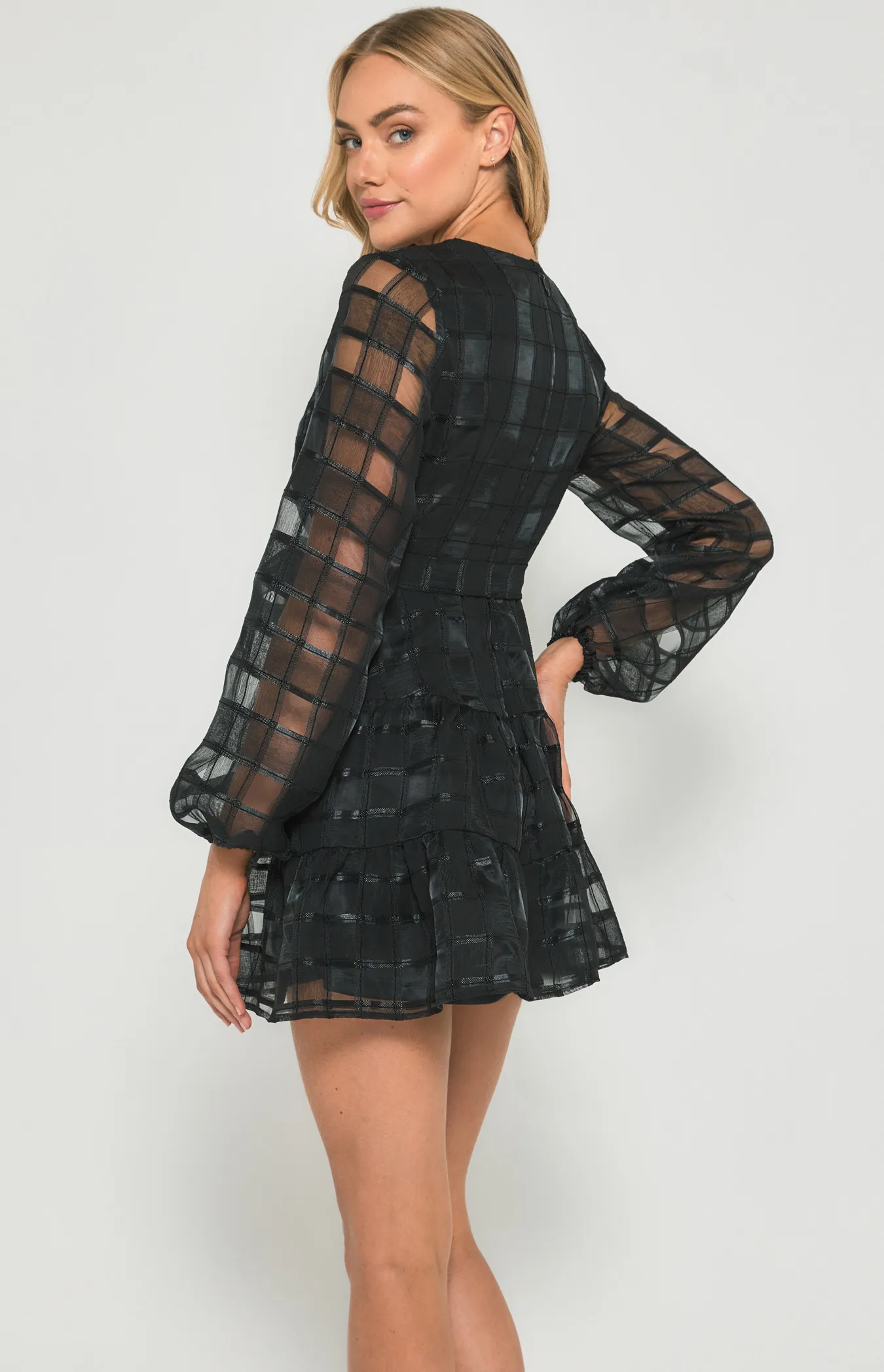 Checkered Organza Tiered Hem Mini Dress (SDR1026-2B)