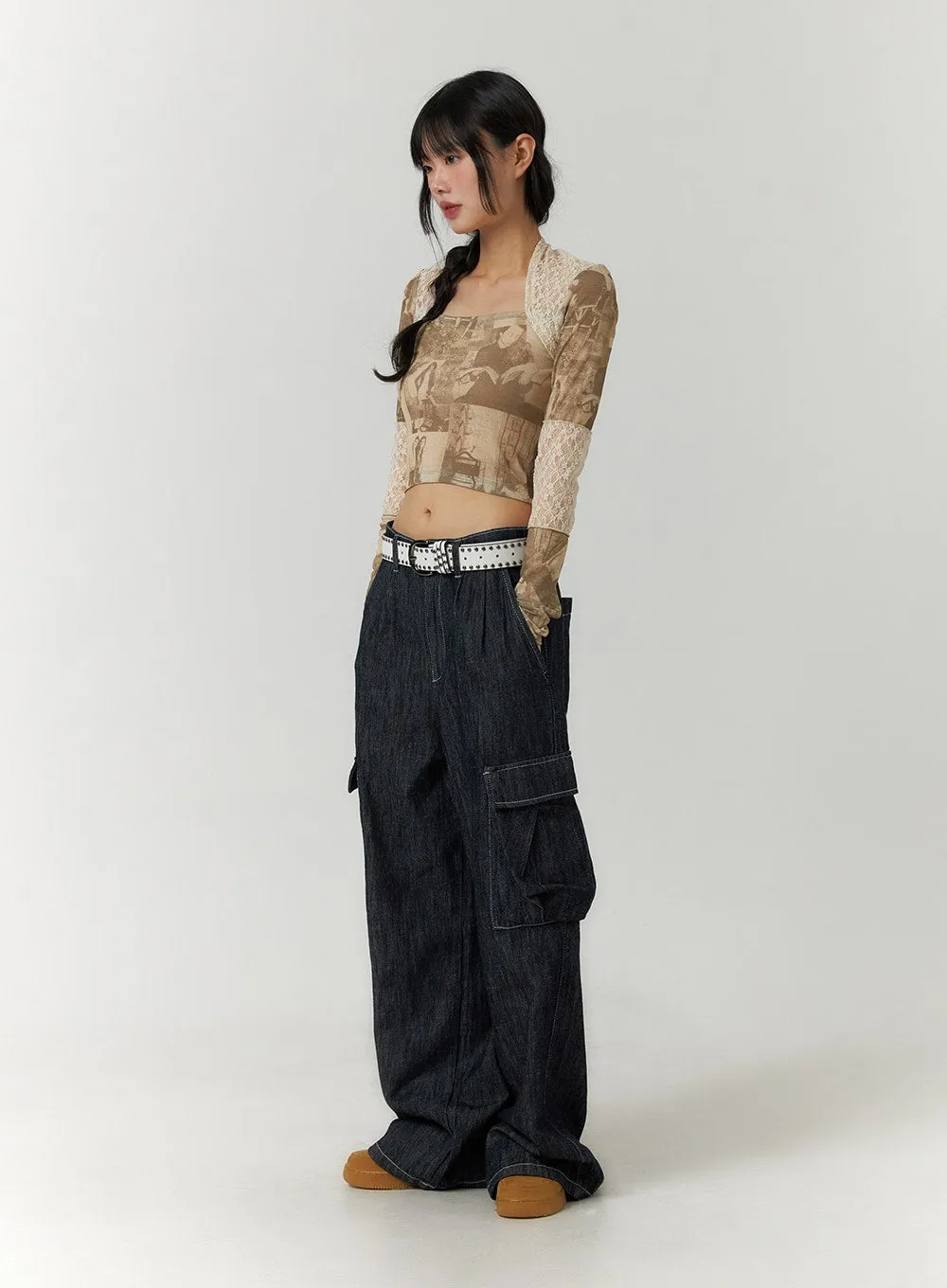 Denim Cargo Wide Leg Jeans CF407