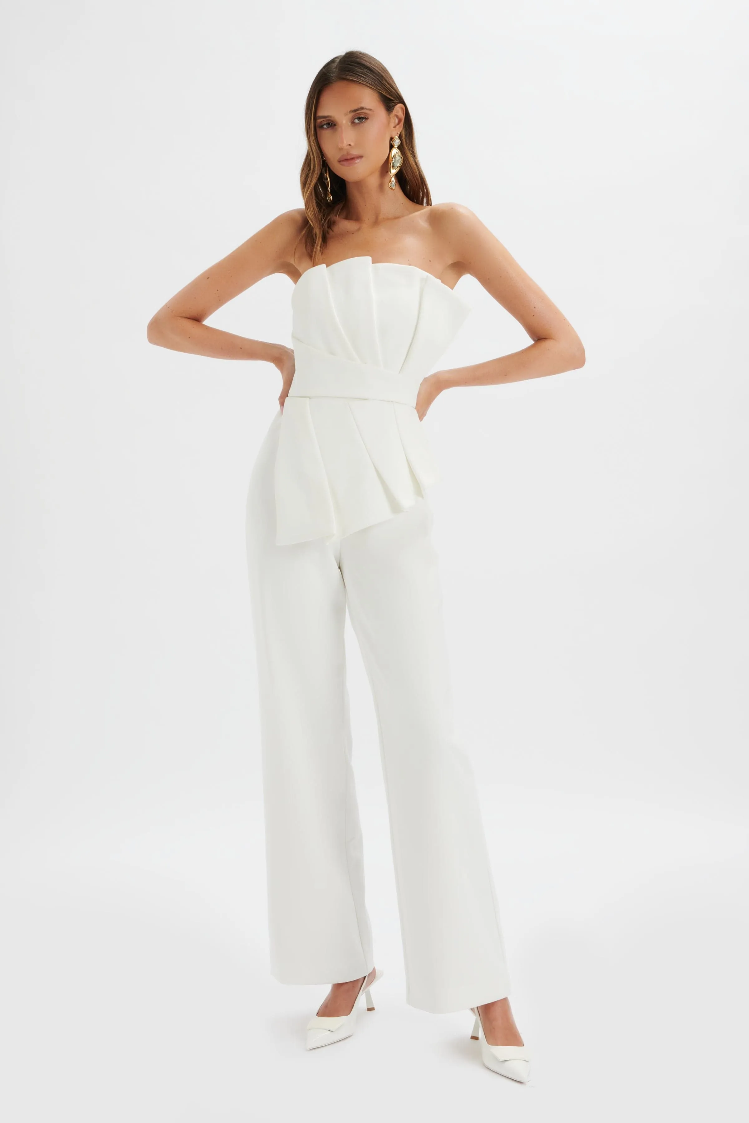 ELARA Asymmetric Pleated Frill Straight Leg Jumpsuit in White