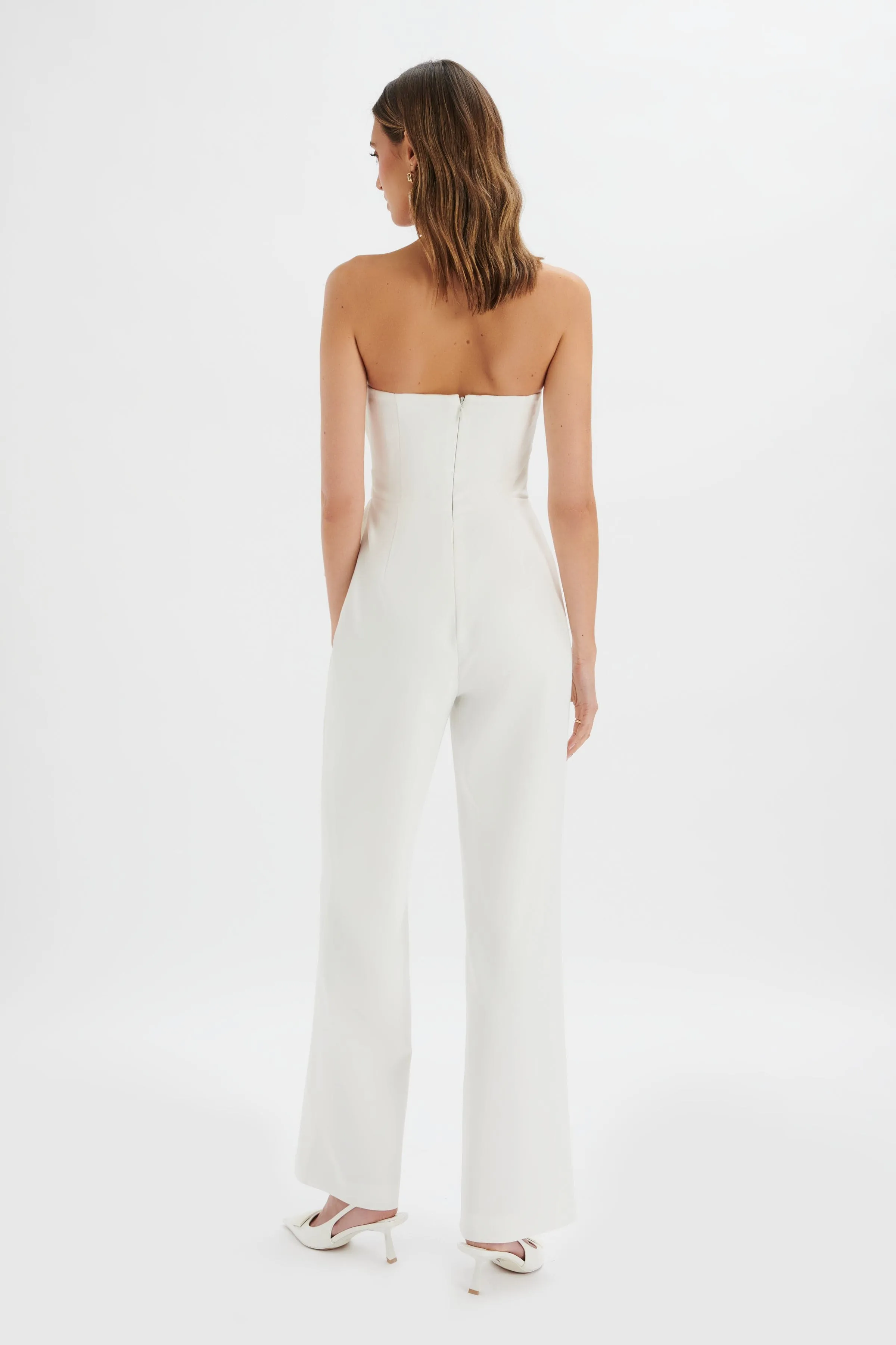 ELARA Asymmetric Pleated Frill Straight Leg Jumpsuit in White