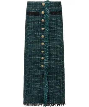 Ellie Makir Women's Green Emerald Wool Tweed Skirt