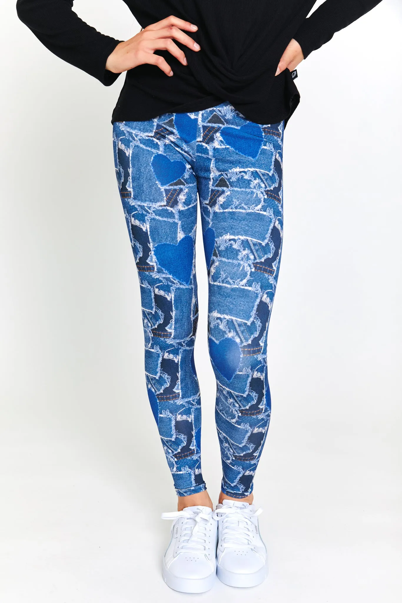 Girls Leggings in Denim Heart Patchwork