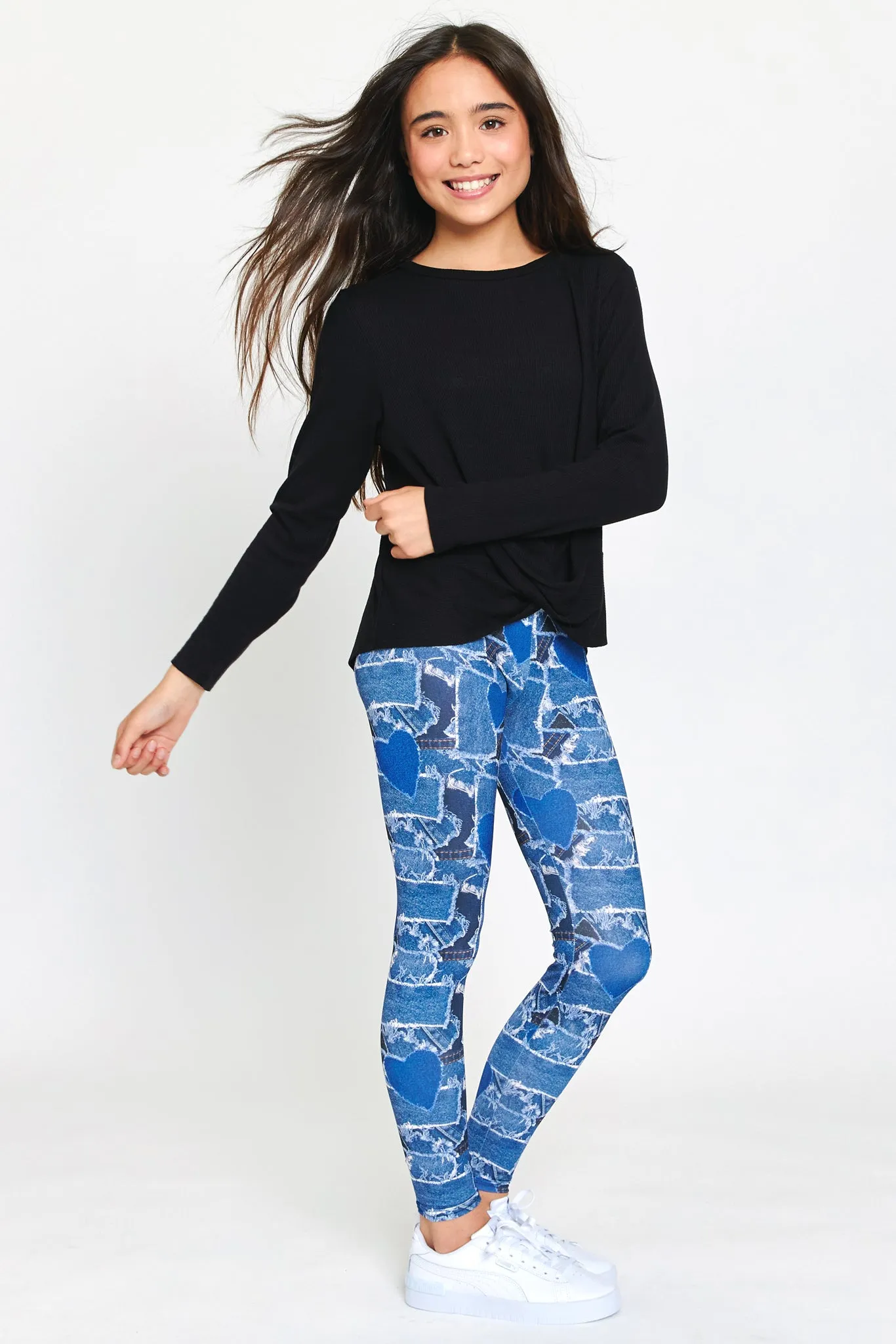 Girls Leggings in Denim Heart Patchwork