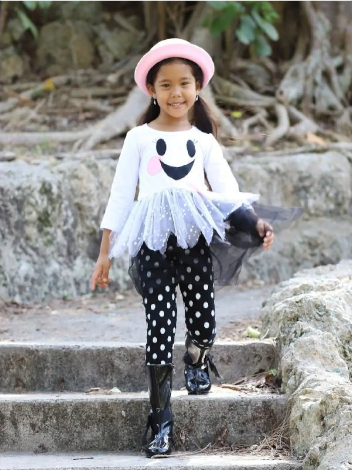 Girls White And Black Long Sleeve Ghost Smiley Face Sequin Tutu Tunic And Polka Dot Legging Set