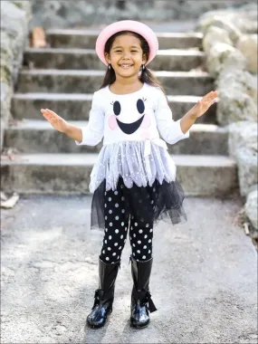 Girls White And Black Long Sleeve Ghost Smiley Face Sequin Tutu Tunic And Polka Dot Legging Set