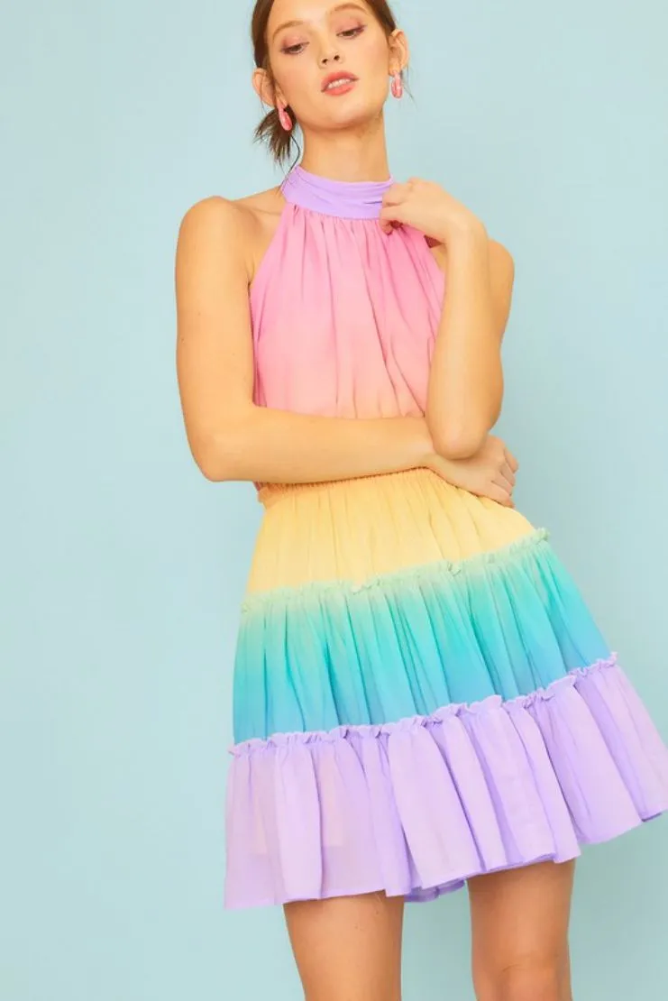 Hailey Rainbow Ombre Tiered Halter Mini Dress