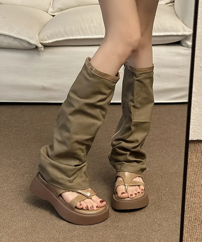 Khaki Platform Denim Casual Hollow Out Thong Sandals Boots