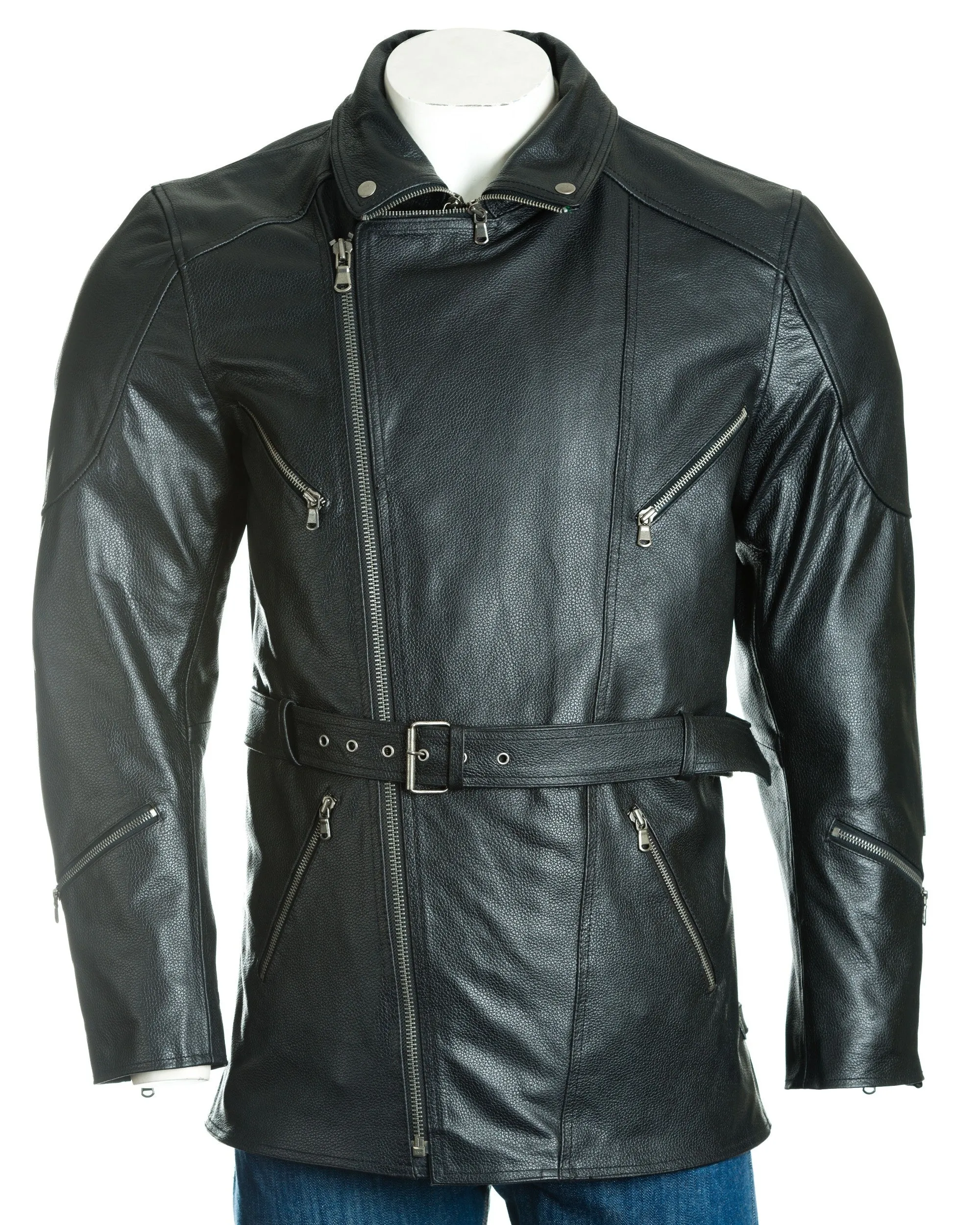 Men's Black Belted Soft Cow Hide Armoured Motorbike Coat: Rocco