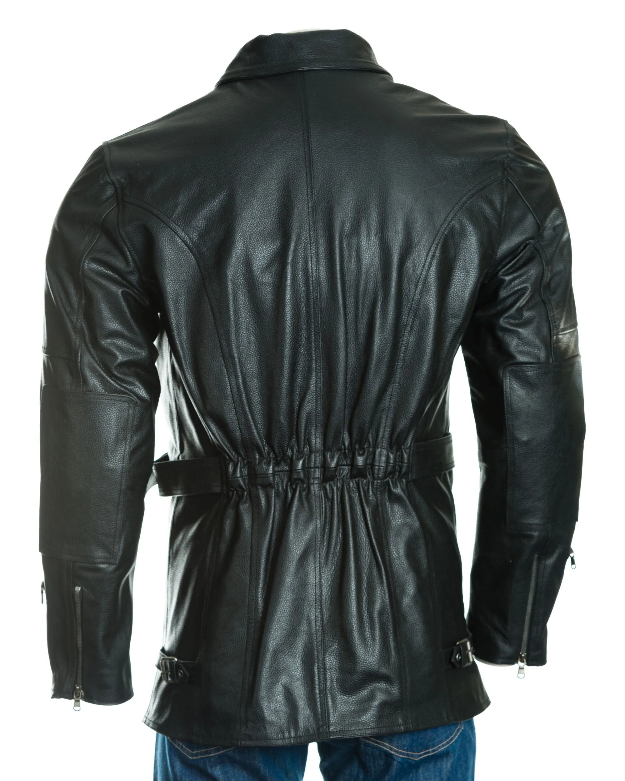 Men's Black Belted Soft Cow Hide Armoured Motorbike Coat: Rocco