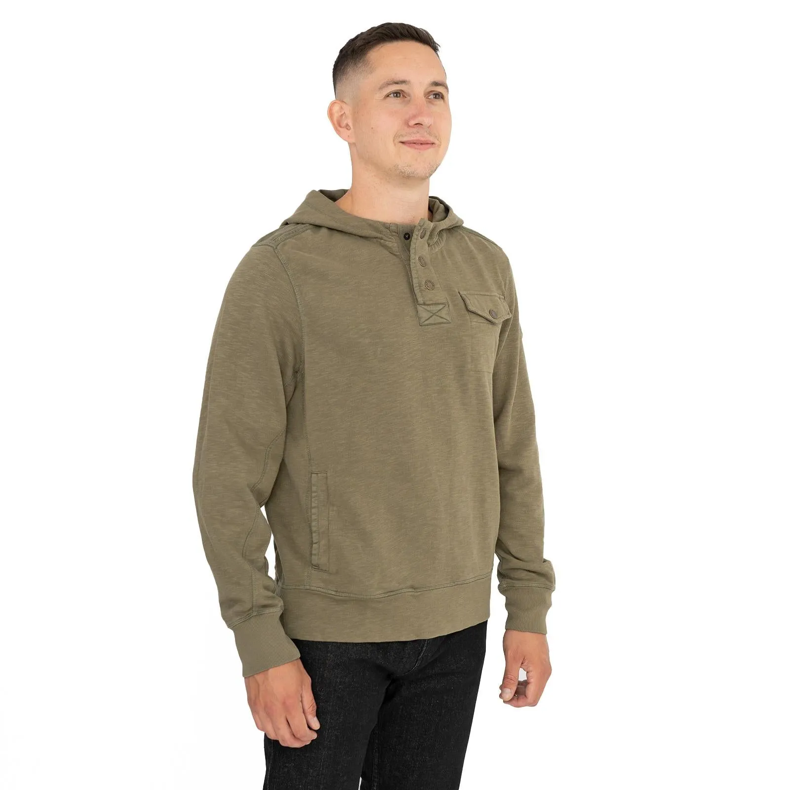 Men's Khaki Green Pockets Half Button Cotton Jersey Sweatshirts Hoodie Sweat Tops