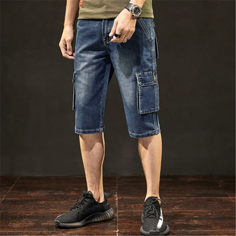 Men's Summer Blue Mid Waist Casual Straight Baggy Jeans Shorts