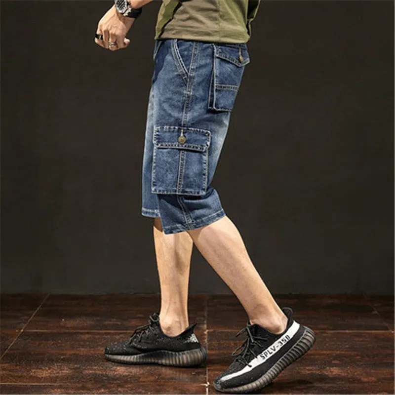 Men's Summer Blue Mid Waist Casual Straight Baggy Jeans Shorts