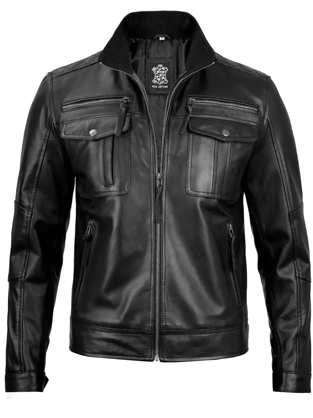 Moffit Mens Black Cafe Racer Real Leather Jacket