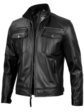 Moffit Mens Black Cafe Racer Real Leather Jacket