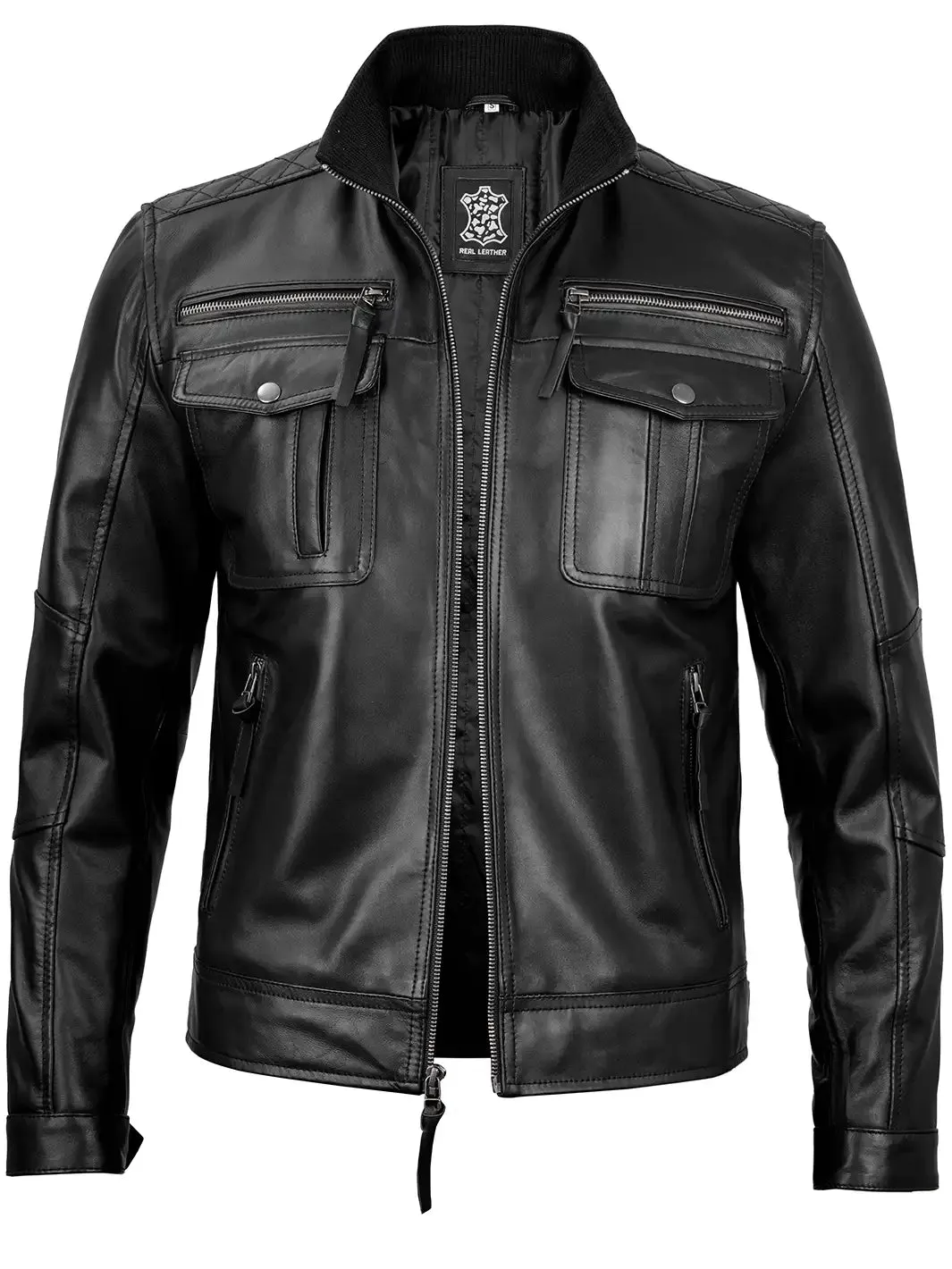 Moffit Mens Black Cafe Racer Real Leather Jacket