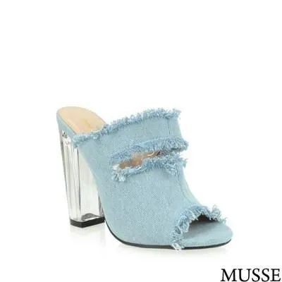 Musse Light Denim Ripped Clear Heel Sandals