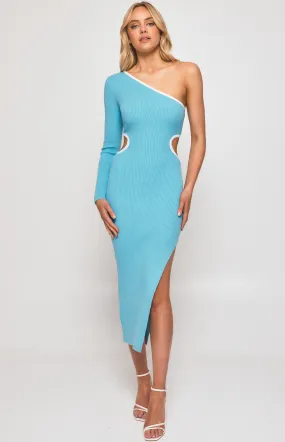 One Shoulder Contrast Binding Waist Cut Out Knit Dress (WKN355)