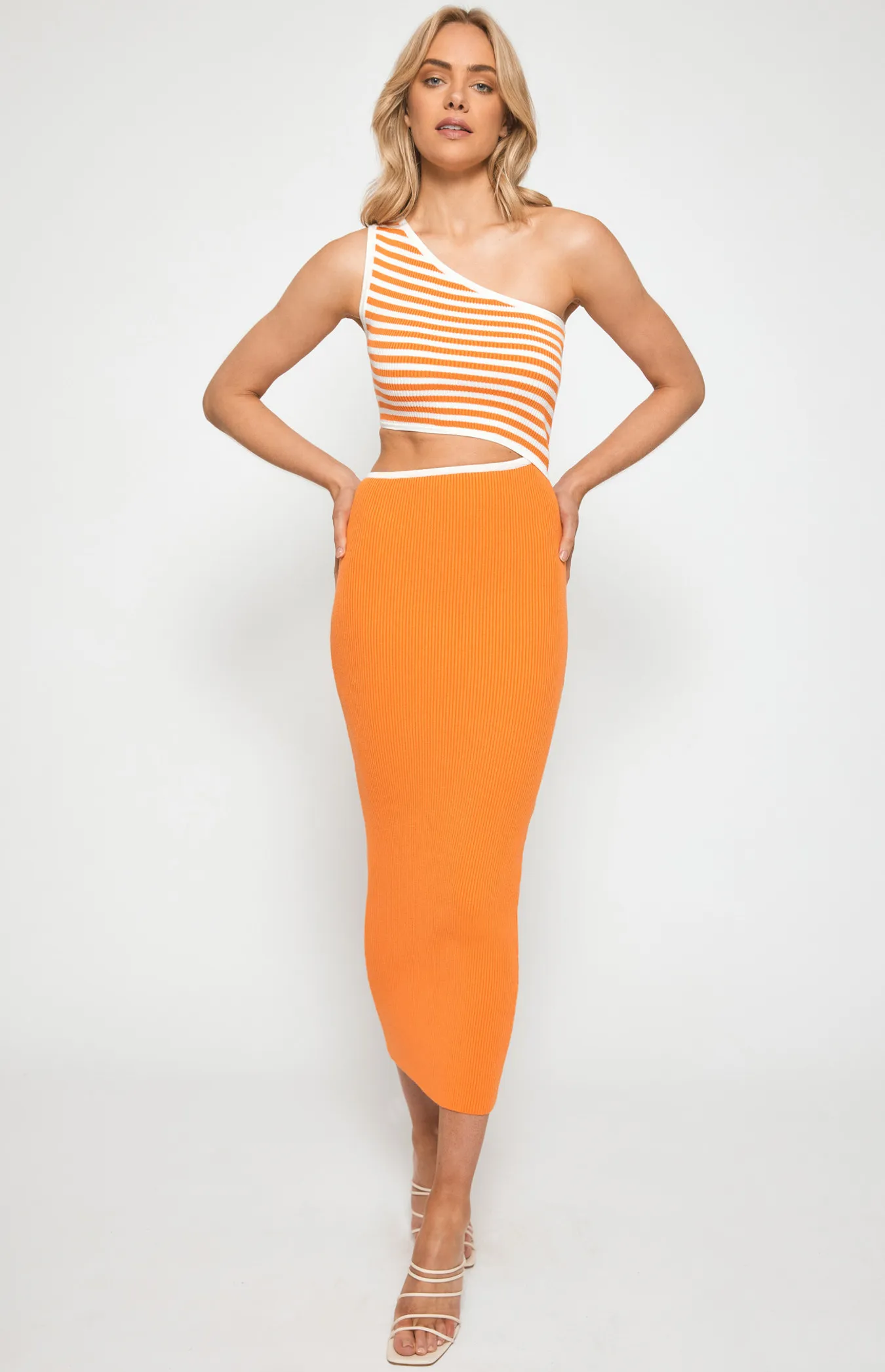 One Shoulder Stripe Contrast Panel Knit Midi Dress (SKN620) 