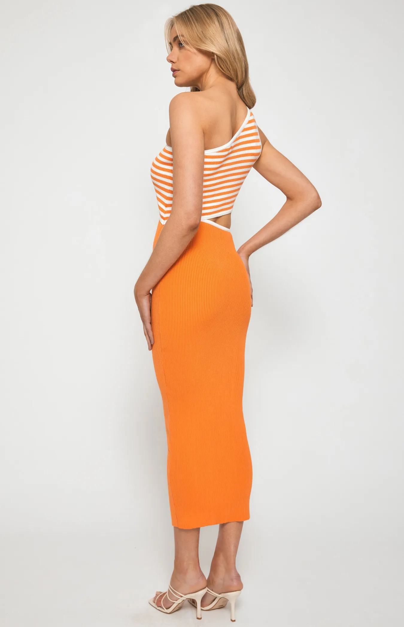 One Shoulder Stripe Contrast Panel Knit Midi Dress (SKN620) 