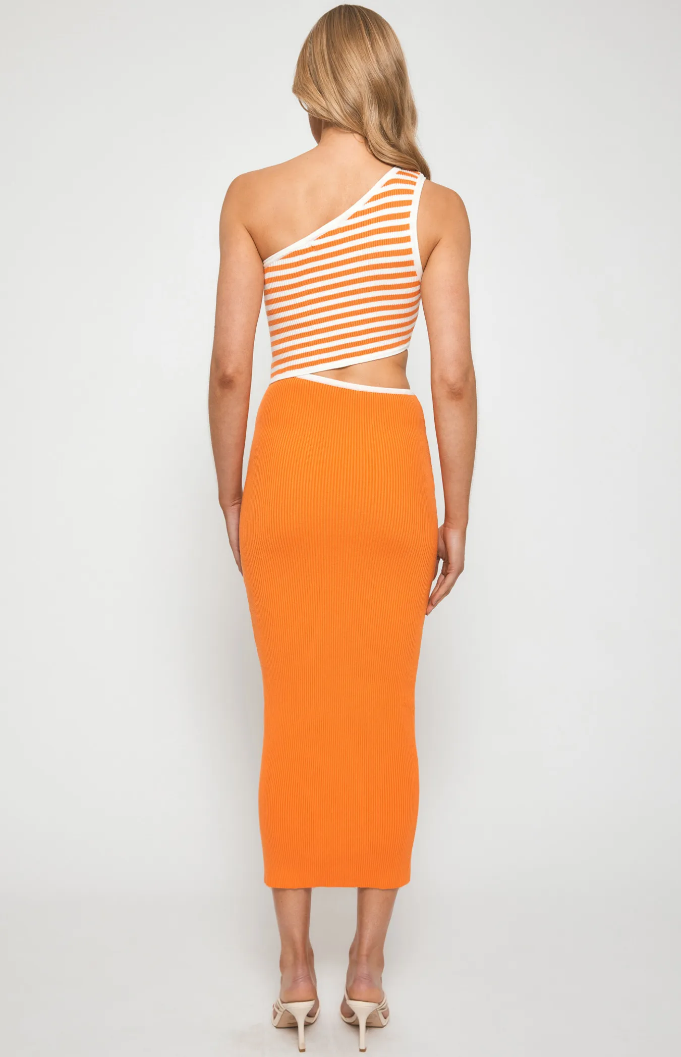 One Shoulder Stripe Contrast Panel Knit Midi Dress (SKN620) 