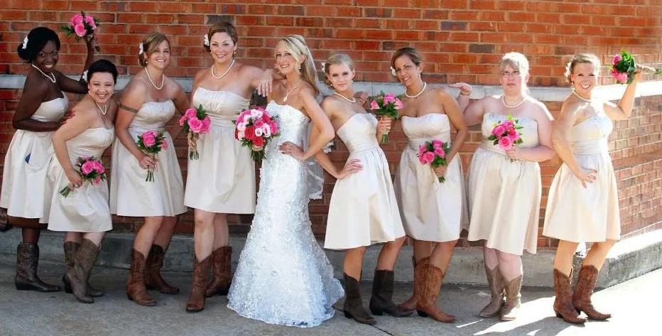 Rustic Taffeta Ruched Strapless Short Bridesmaid Dresses with Cowboy Boots