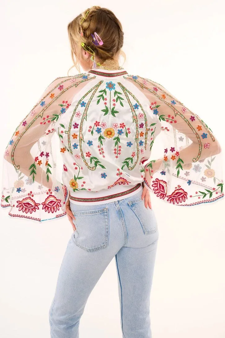 So Daphne Embroidered & Bead Embellished Mesh Bell Sleeve Drama Bomber Jacket