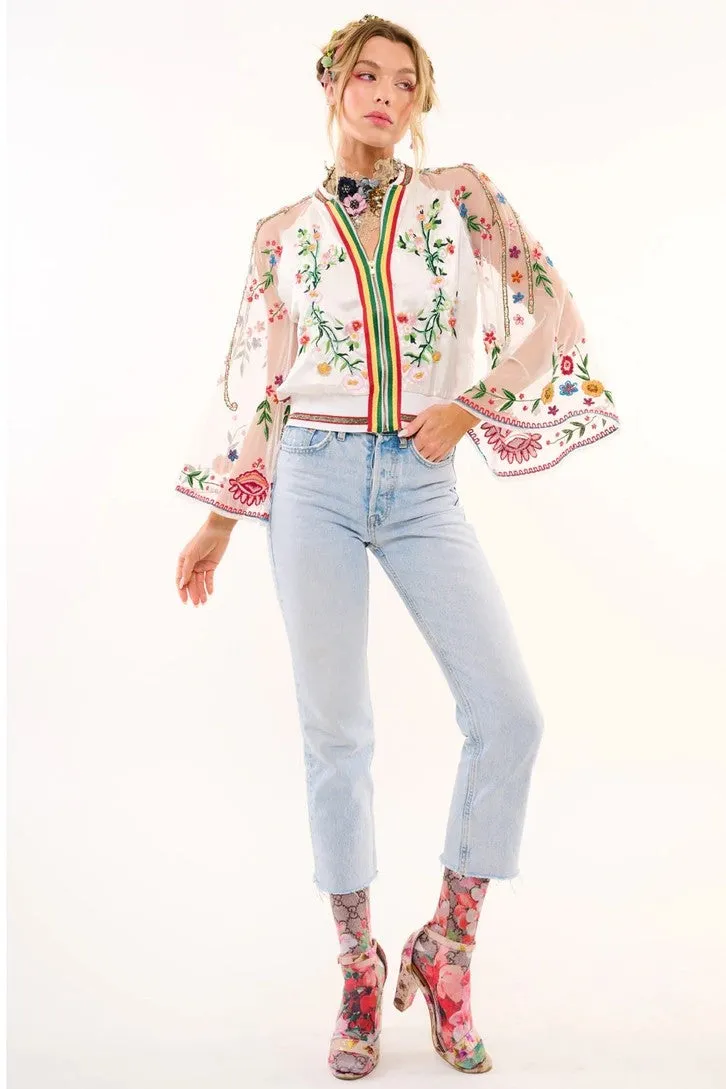 So Daphne Embroidered & Bead Embellished Mesh Bell Sleeve Drama Bomber Jacket