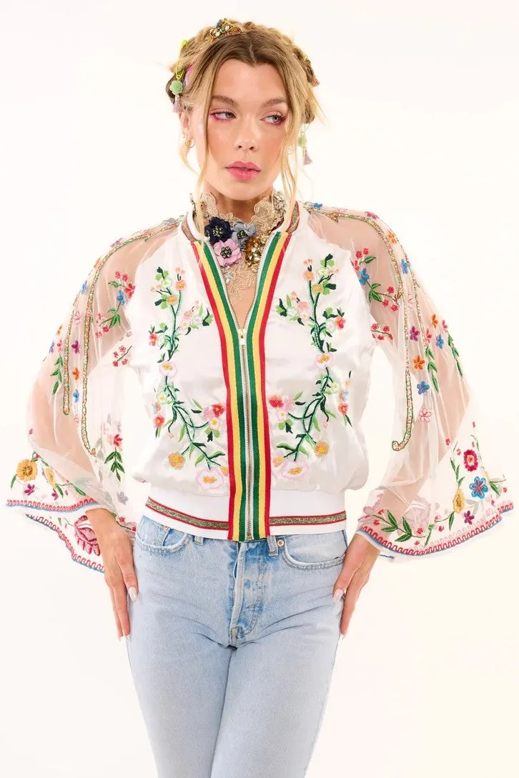 So Daphne Embroidered & Bead Embellished Mesh Bell Sleeve Drama Bomber Jacket