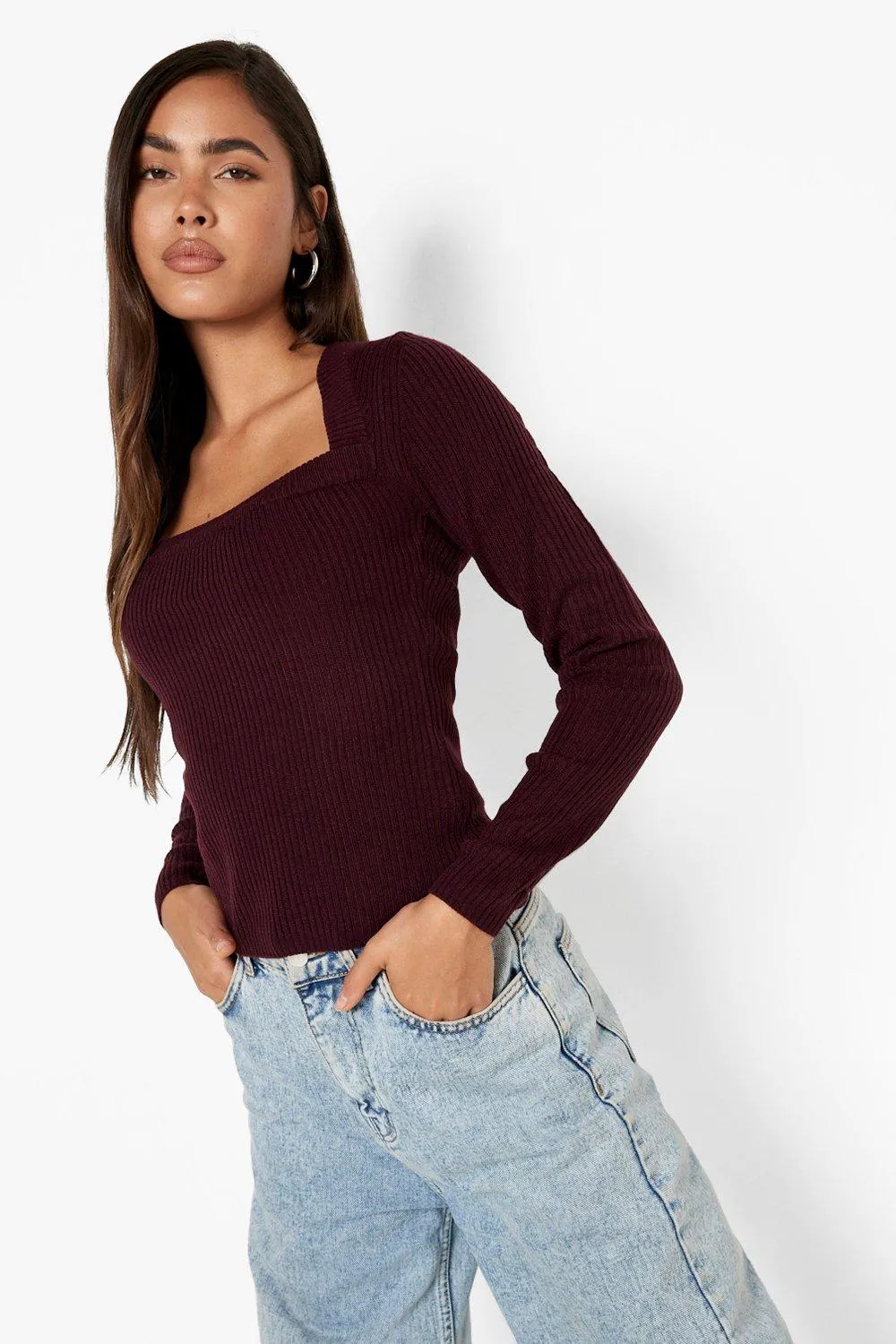 Square Neck Rib Knitted Sweater