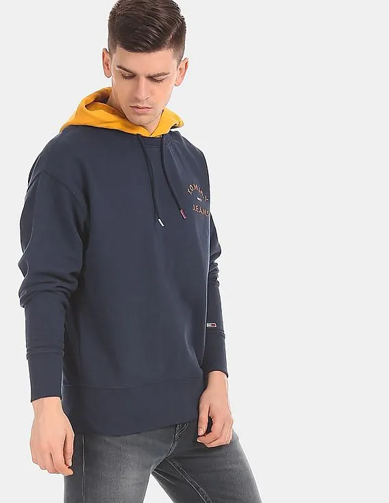 Tommy Hilfiger Men Navy Colour Blocked Drawstring Hood Sweatshirt