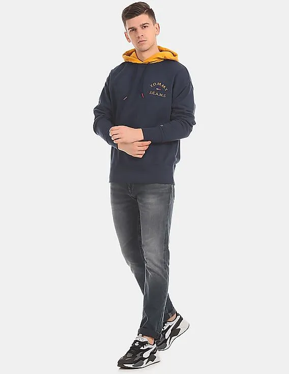 Tommy Hilfiger Men Navy Colour Blocked Drawstring Hood Sweatshirt