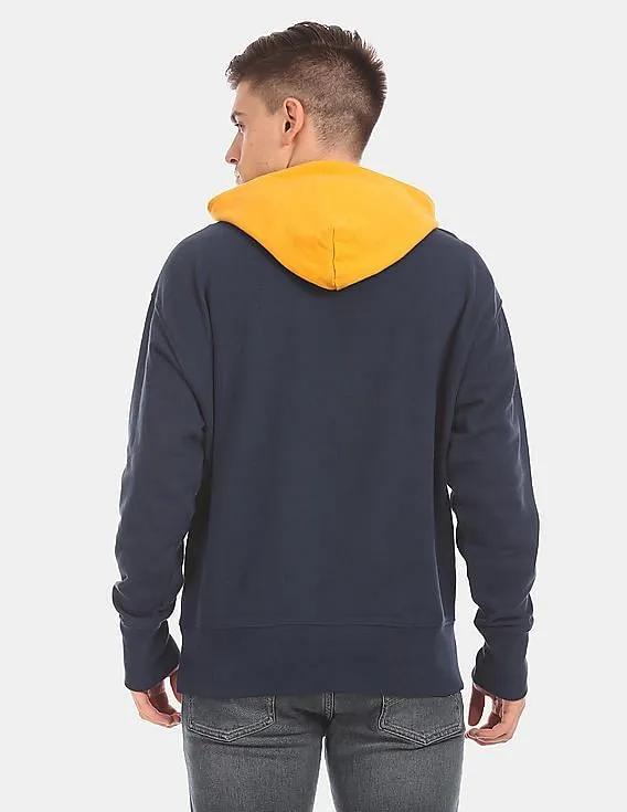 Tommy Hilfiger Men Navy Colour Blocked Drawstring Hood Sweatshirt