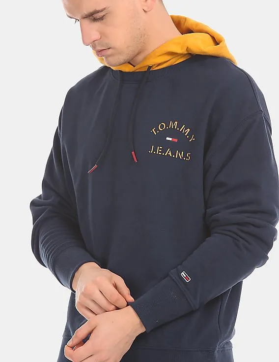 Tommy Hilfiger Men Navy Colour Blocked Drawstring Hood Sweatshirt