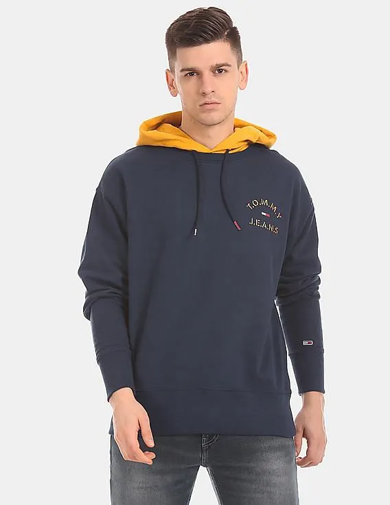 Tommy Hilfiger Men Navy Colour Blocked Drawstring Hood Sweatshirt