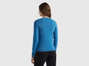 V-neck sweater in pure cotton - Blue | Benetton