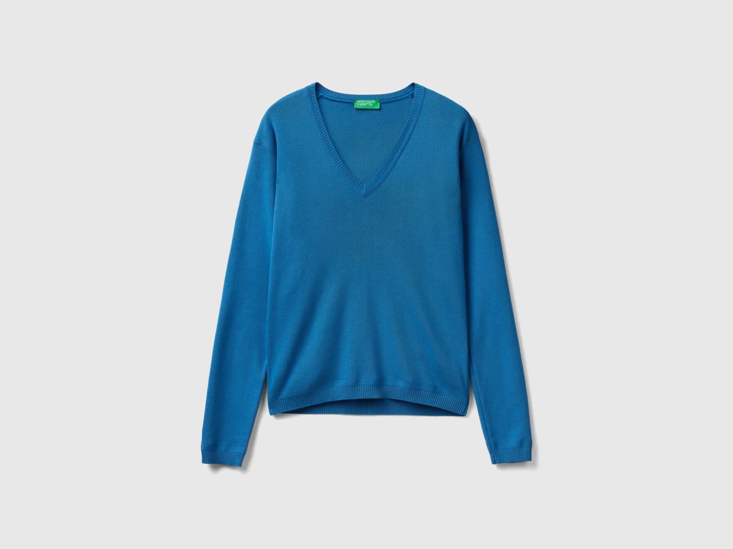 V-neck sweater in pure cotton - Blue | Benetton