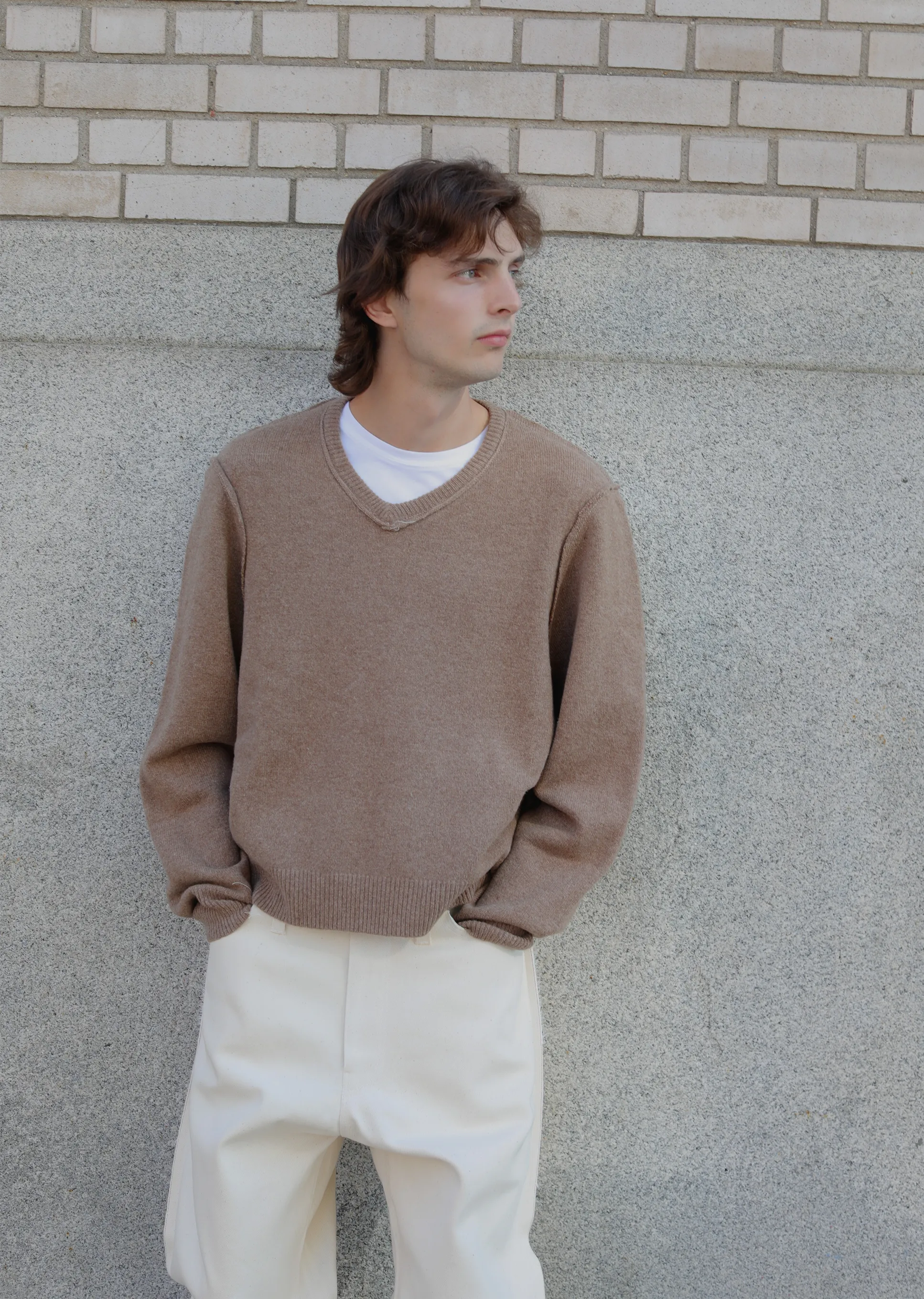 V Neck Sweater — Beige