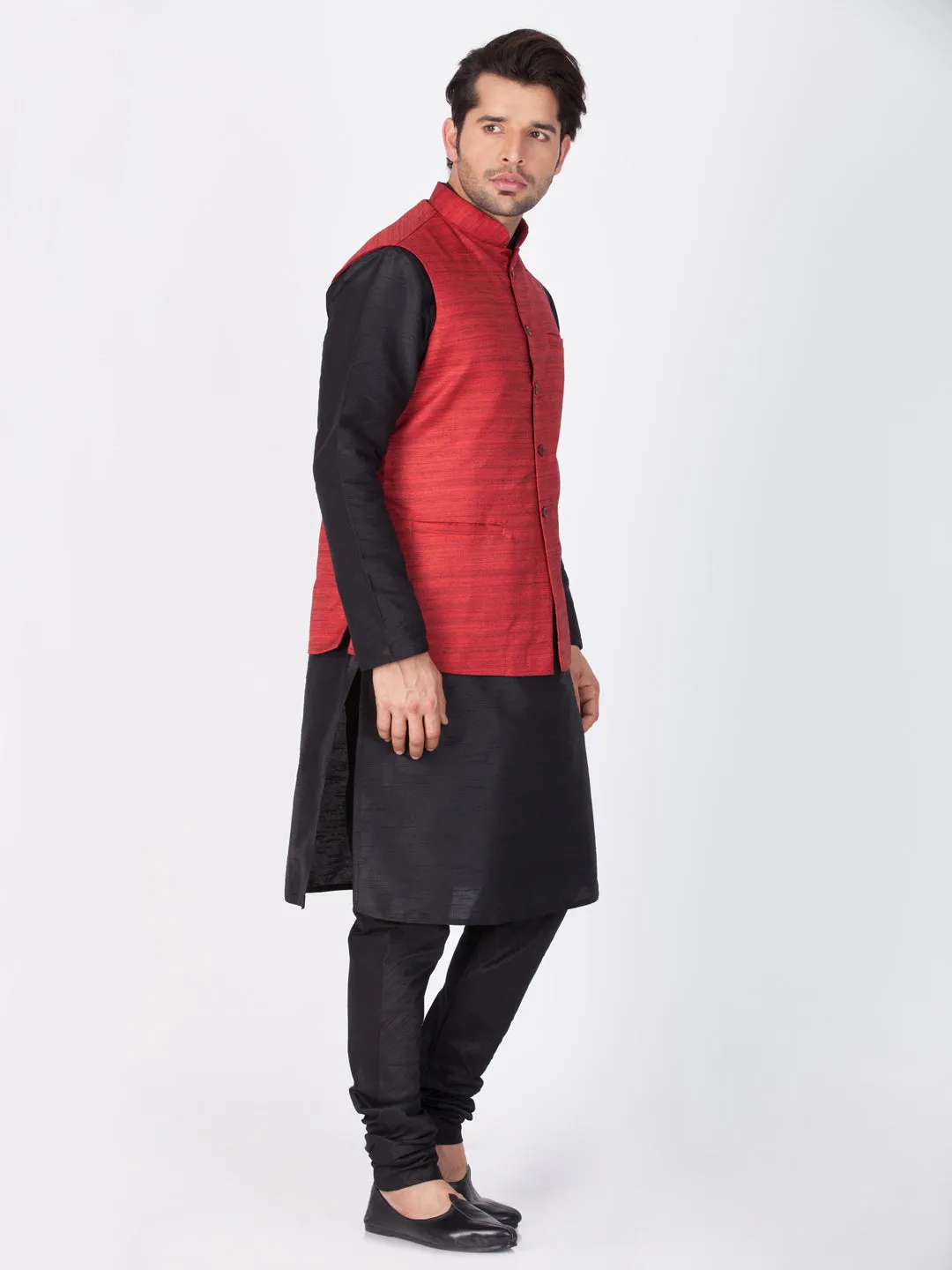 VASTRAMAY Men's Black Cotton Silk Blend Kurta, Ethnic Jacket and Pyjama Set