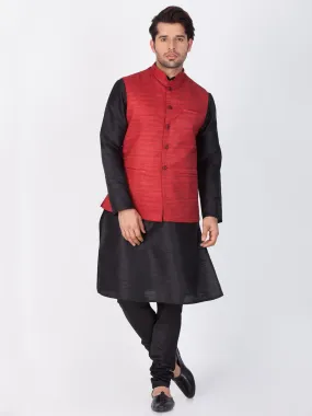 VASTRAMAY Men's Black Cotton Silk Blend Kurta, Ethnic Jacket and Pyjama Set