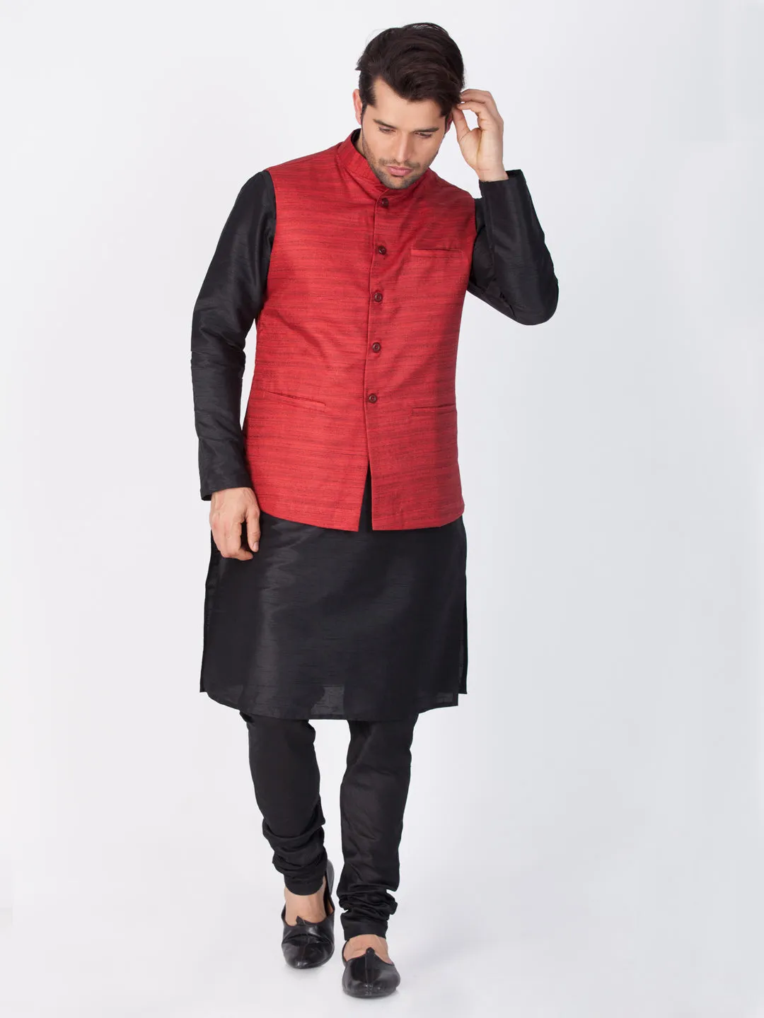 VASTRAMAY Men's Black Cotton Silk Blend Kurta, Ethnic Jacket and Pyjama Set