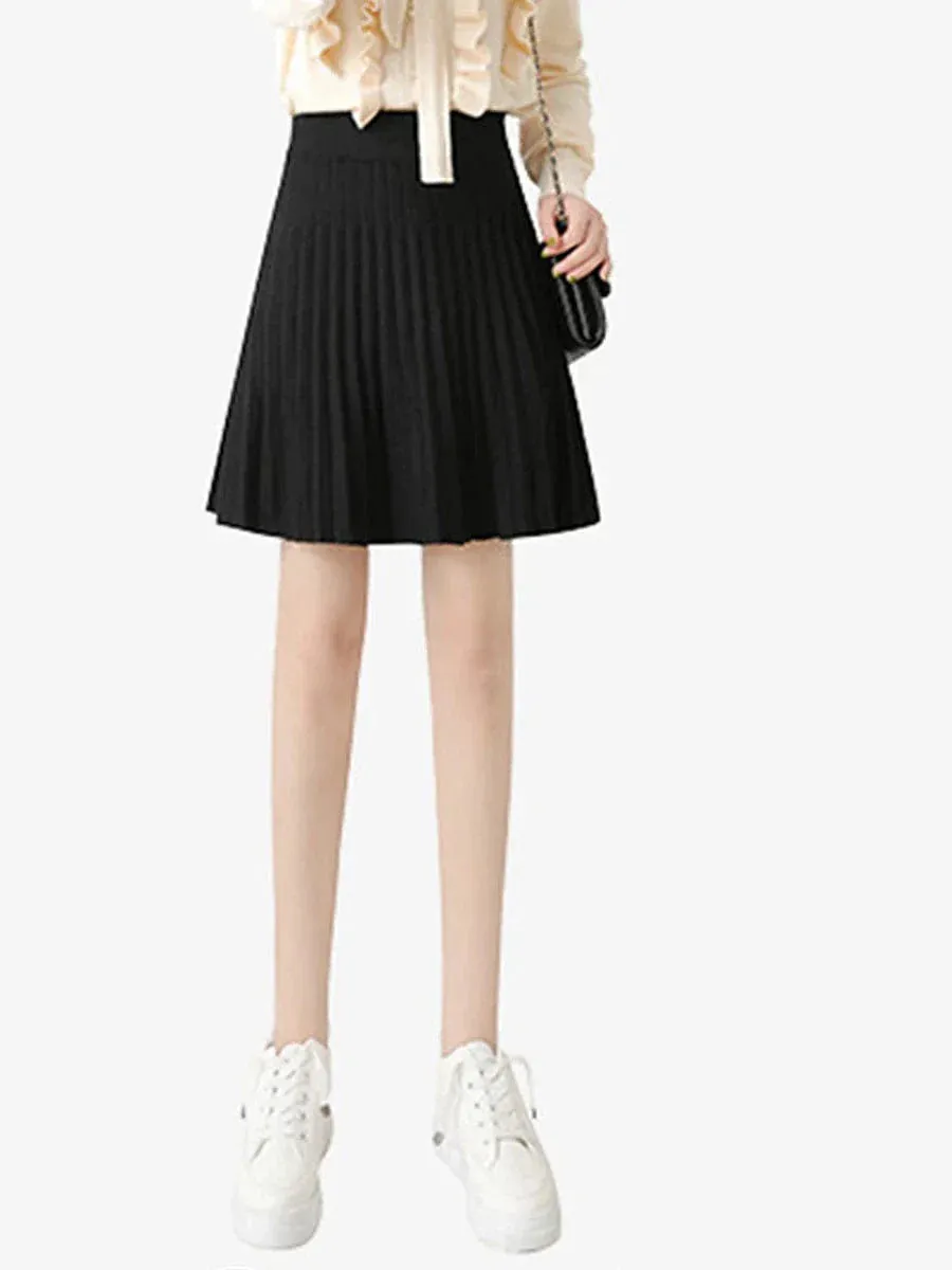 Women's A Line Mini Pleated Knitting Black Skirt - Spring Summer Collection