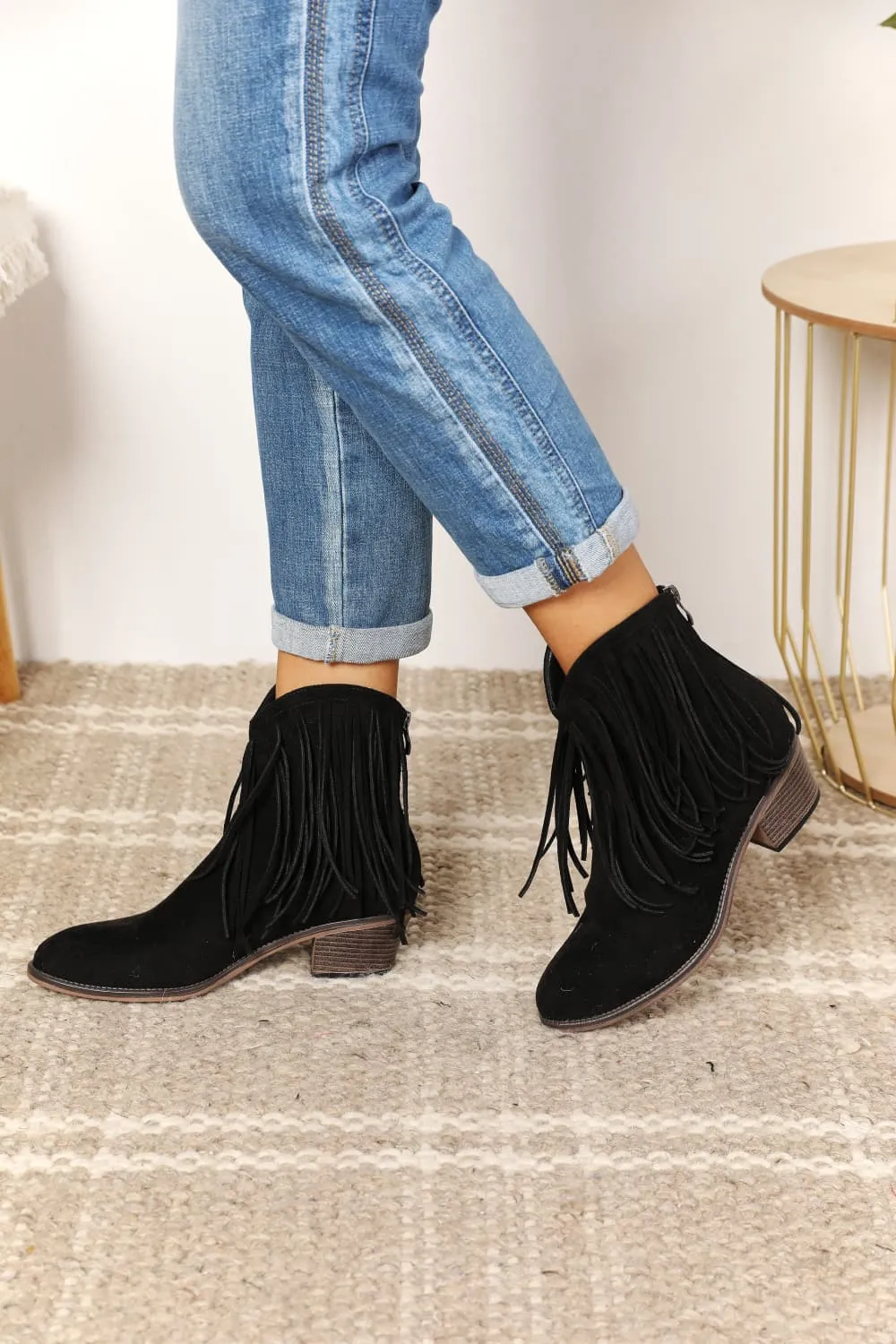 Women's Fringe Cowboy Western Ankle Boots in Black