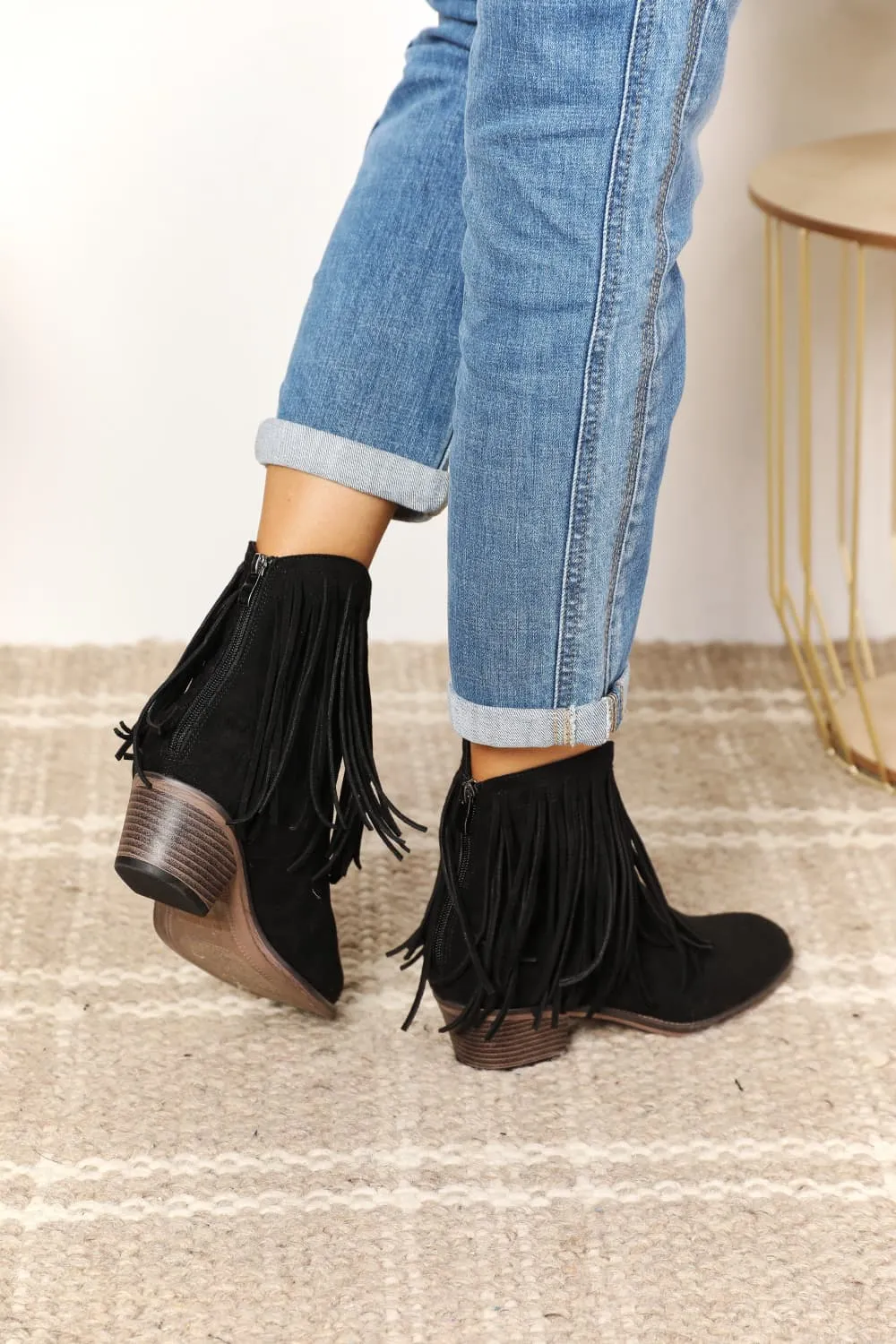 Women's Fringe Cowboy Western Ankle Boots in Black