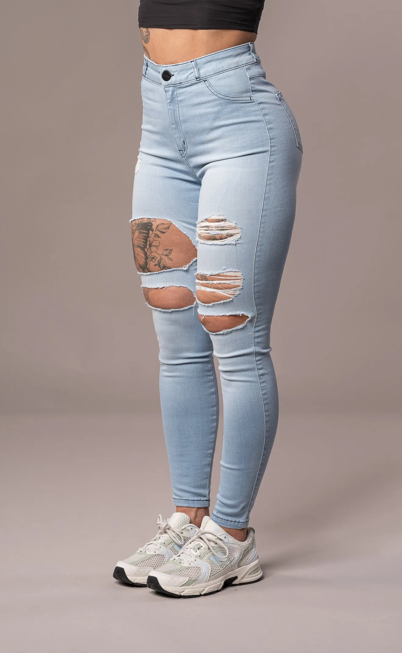 Womens Regular Super Ripped High Waisted Fitjeans - Bleach Blue