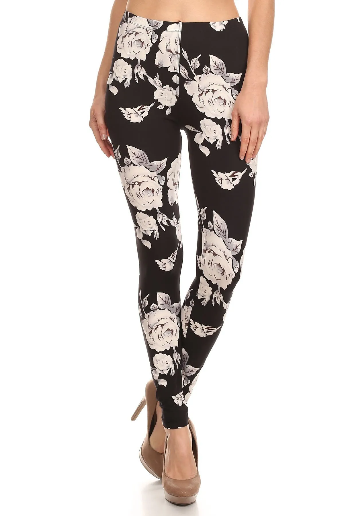 Women's Regular White Big Rose Floral Pattern Printed Leggings - Black White