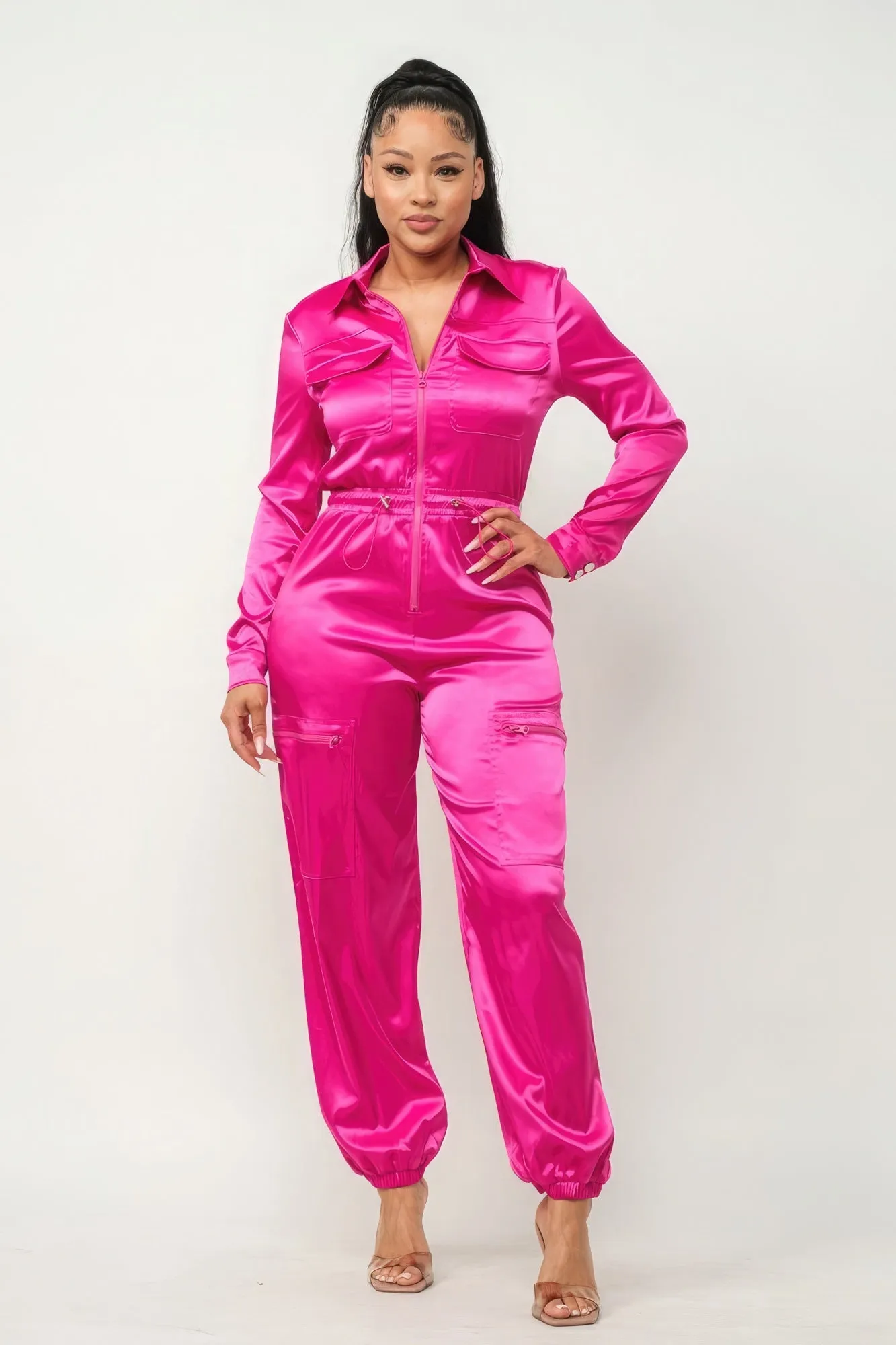 Zip Front Satin Cargo Jumpsuit